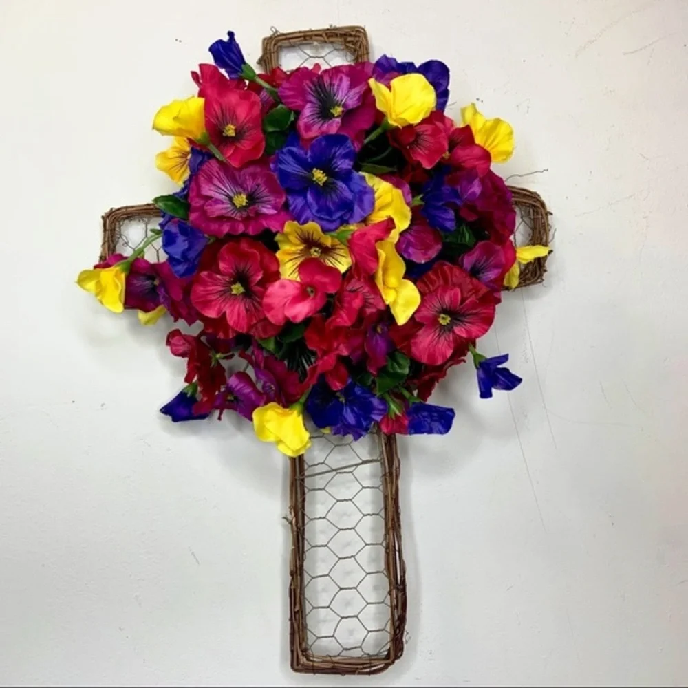 Easter Spring Floral Cross Wreath Pansy Door Decor